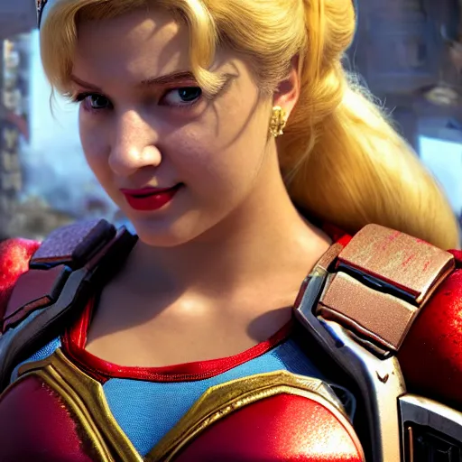 Image similar to portrait of princess peach as superman in gears of war, splash art, movie still, detailed face, photorealistic facial features, cinematic lighting, dramatic, octane render, long lens, shallow depth of field, bokeh, anamorphic lens flare, 8 k, hyper detailed, 3 5 mm film grain