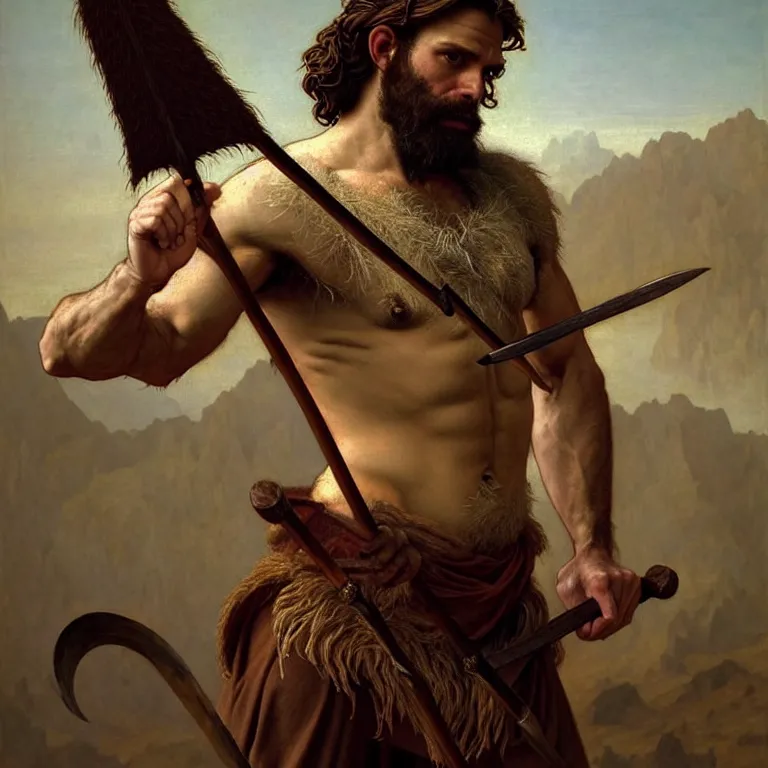 Image similar to renaissance painting full body portrait of a gruff ranger with a spear, lean and toned, handsome face, hairy chest and hairy body, D&D, intricate, elegant, highly detailed, digital painting, artstation, concept art, matte, sharp focus, chiaroscuro, well list, illustration, art by Artgerm and Greg Rutkowski and Alphonse Mucha