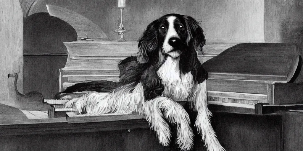 Image similar to sprocker Spaniel playing piano with a Martini on the side, book illustration, b&w