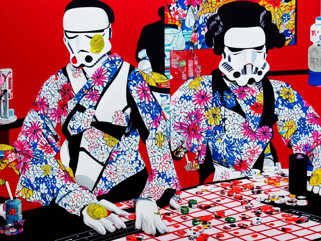 Image similar to hyperrealism composition of the detailed single woman in a japanese kimono sitting at an extremely detailed poker table with stormtrooper, fireworks, river on the background, pop - art style, jacky tsai style, andy warhol style, acrylic on canvas