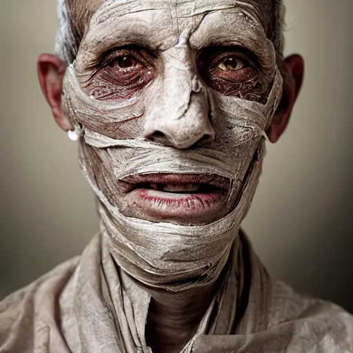 Image similar to portrait of a middle - aged middle - eastern doctor. his skin is dessicated and mummified. his eyes are keen. portrait photography by annie liebovitz.