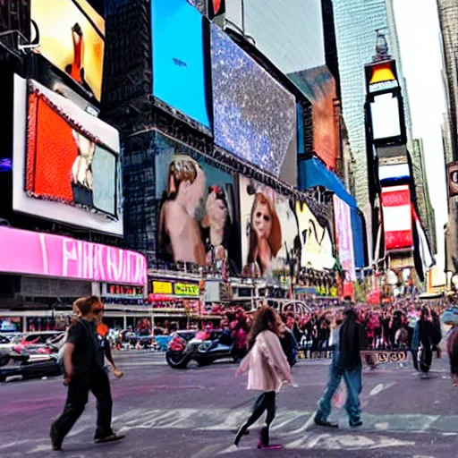Image similar to adam and eve in times square with a snake overhead