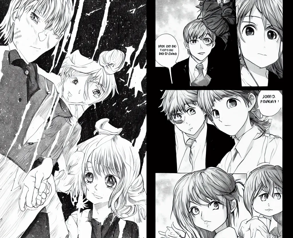 Prompt: sarah and aaron, manga page, holding hands