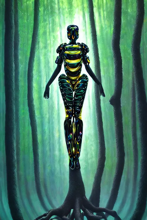 Image similar to hyperrealistic avant garde cinematic super expressive! black woman with exoskeleton armor, merging with tree in a forest, highly detailed digital art masterpiece, smooth cam de leon eric zener dramatic pearlescent soft teal yellow light, ground angle hd 8 k, sharp focus