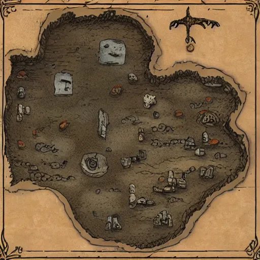 Prompt: an illustrated fantasy map of a small outpost. sand desert. junkyard. d & d. clear design. minimal.