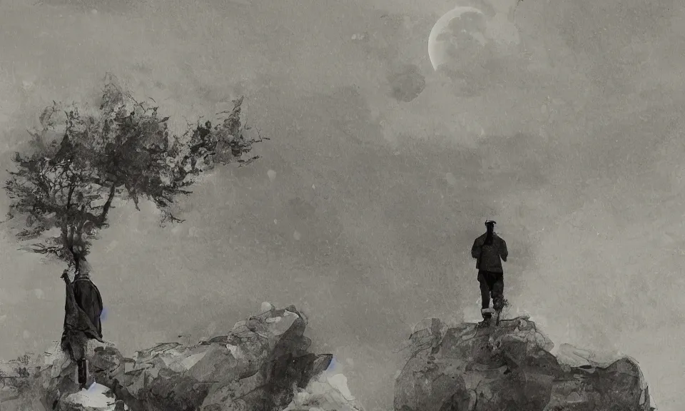 Image similar to a lonely man was running alone beneath the gaint moon,featured in artstation, cinematic, elegant, 8k