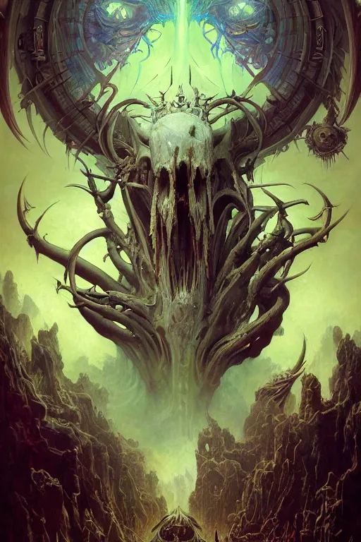 Image similar to evil gigantic alien skull lord demon of death, fantasy painting, ultra realistic, wide angle, art nouveau, intricate details, rainbowshift, vivid colors, highly detailed by peter mohrbacher, h. r. giger, maxfield parrish, gaston bussiere, gustave dore, craig mullins