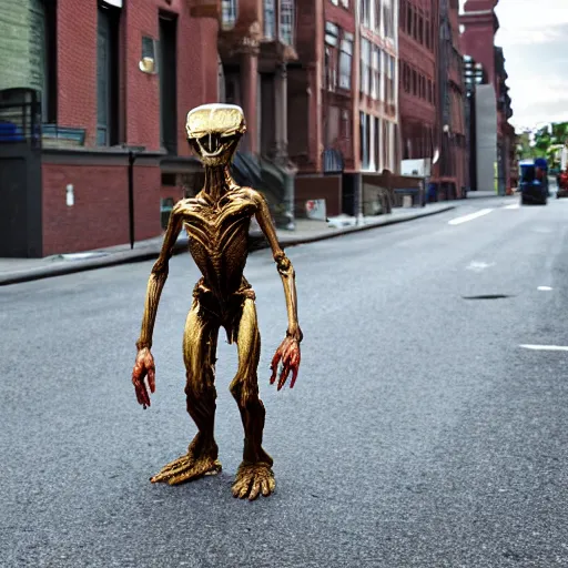 Prompt: an 8 k super hi res hdr realistic humanoid alien walking down a street in brooklyn