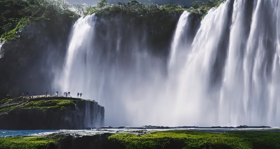 Image similar to A magnificent flying island in the sky above the sea, waterfall falling down, epic lighting, epic composition, cinematic, highly detailed, 4k