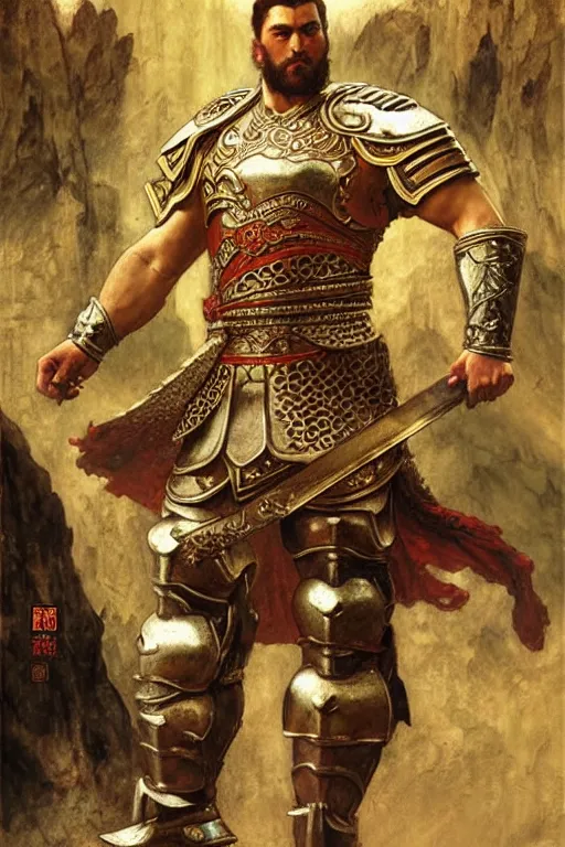 Image similar to attractive beefy male with armor, cloisonnism, ancient china, three kingdoms, character design, painting by gaston bussiere, craig mullins, j. c. leyendecker, tom of finland