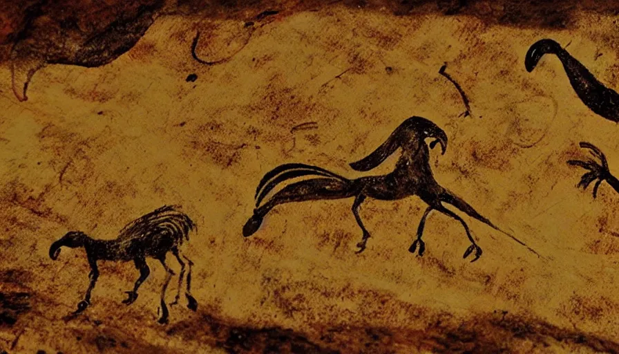 Image similar to neolithic cave painting of one eyed creatures called patapons fighting a giant bird, 4 k, history channel, psp, japan studio game, art by rolito, high quality