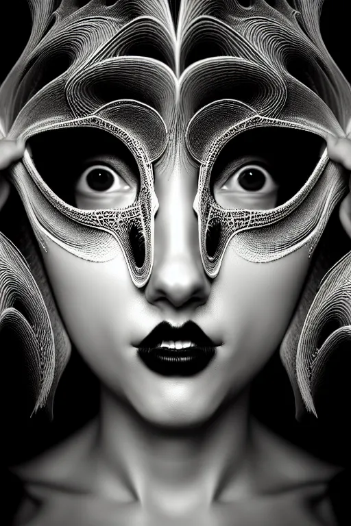 Image similar to portrait of a young beautiful woman with a mask. contemporary photograph, speed painting, fractal, mandelbulb. black and white, black on black. intricate, elegant, super highly detailed, professional digital painting, concept art, smooth, sharp focus, no blur, no dof, extreme illustration, Unreal Engine 5, Photorealism, HD quality, 8k resolution, 3D, beautiful, cinematic, art