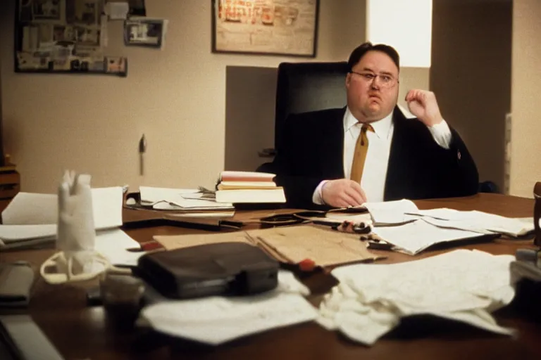 Image similar to cinematic film still from 1994 film: portly clean-shaven white man wearing suit and necktie at his desk. He has his right leg and foot propped up on his desk. XF IQ4, f/1.4, ISO 200, 1/160s, 8K, RAW, dramatic lighting, symmetrical balance, in-frame