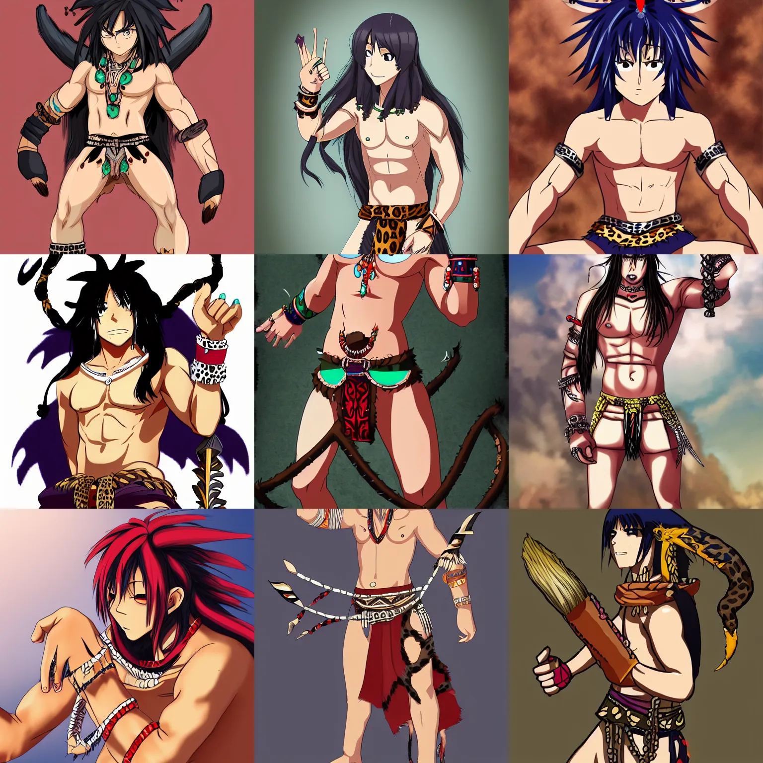 Prompt: anime tribal boy with long hair, loincloth, wearing leopard paw with claws as gauntlet, trending on pixiv