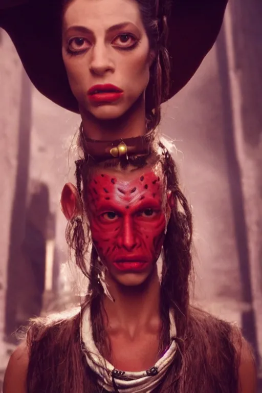 Image similar to film still of jar jar binks as a female cowgirl, long eyeslashes, big juicy lips, big seductive eyes, dramatic cinematic lighting, dolce & gabbana campaign, shot by mario testino, realistic vfx simulation, 4 k