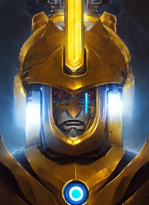 Image similar to dynamic head-on abstract portrait of a intricate glorious holy mechanical warforged character in yellow armor holding a paladin engraved great longsword drawn and carrying a big paladin shield, beam glowing eye , face in focus, epic , trending on ArtStation, masterpiece, cinematic lighting, by Ross Tran and by Greg Rutkowski