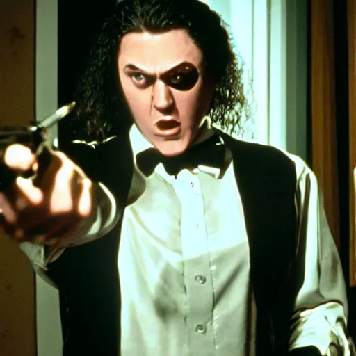 Image similar to Weird 'Al' Yankovic as The American Psycho, cinematic still