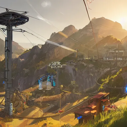 Image similar to advanced power source with power lines from apex legends in a pleasant urban setting surrounded by families, art station, ultra hd, soft light, overhead sun, ultra hd, art station