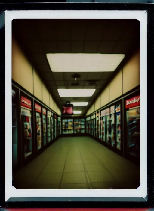 Image similar to polaroid photograph of the inside of an empty blockbuster store, liminal space, lonely, mannequins, black mold, cinematic, 3 5 mm, raw, unedited, 4 k, hd, the fifth element
