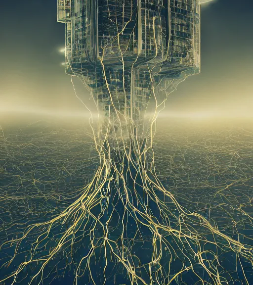 Image similar to electricity solution surreal neuron city tower, breaking the waves, made of crystalized synapse, aerial iridecent veins, moonbow, in the desert, foggy sky, dark starry night, octane render, unreal engine, pale colors, high detail, 8 k, wide angle, trending on artstation, behance