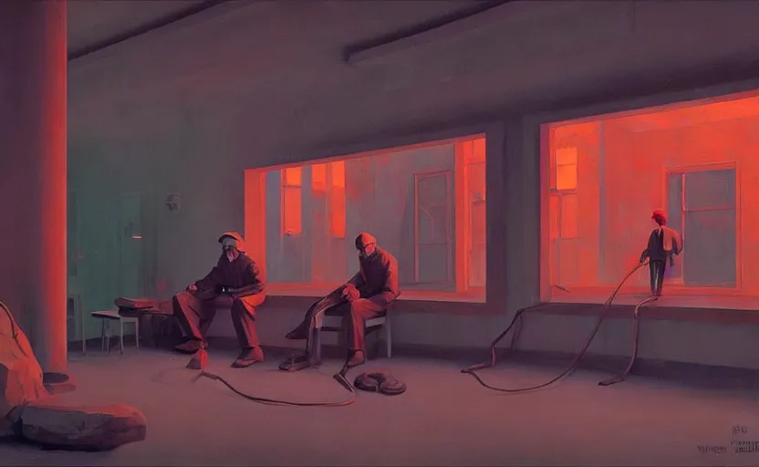 Image similar to Inside Soviet factories gulag, very coherent, painted by Edward Hopper, Wayne Barlowe, painted by James Gilleard, airbrush, art by JamesJean