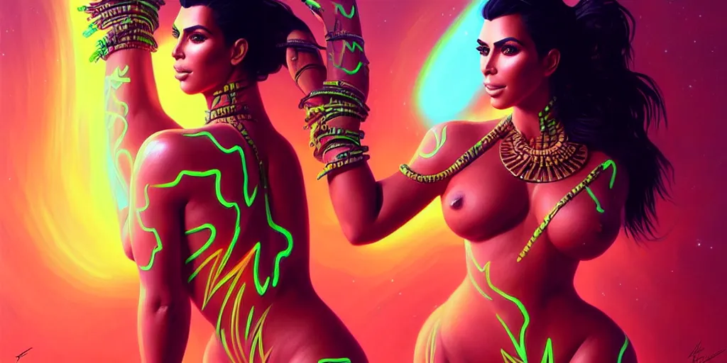 Image similar to kim kardashian as a tribal warrior, neon body paint on body, in outer space, bioluminescence, highly detailed, digital painting, artstation, concept art, matte, sharp focus, illustration, art by artgerm and greg rutkowski and alphonse mucha