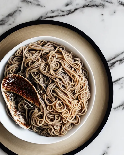 Prompt: realistic photo of delicious miso soba, bowl, glass, white kitchen table, cloth, marble, highly detailed, by louise lister, sara ali, mary devinat, kailee mandel, masterpiece, award winning, elegant, instagram, food photography