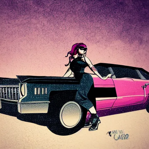 Prompt: a colorfully detailed comic noir style illustration of a tattooed woman posing next to a pink Cadillac in a post-apocalyptic desert by queens of the stone age and sachin teng, dark vibes, street art, cinematic, high contrast, depth of field