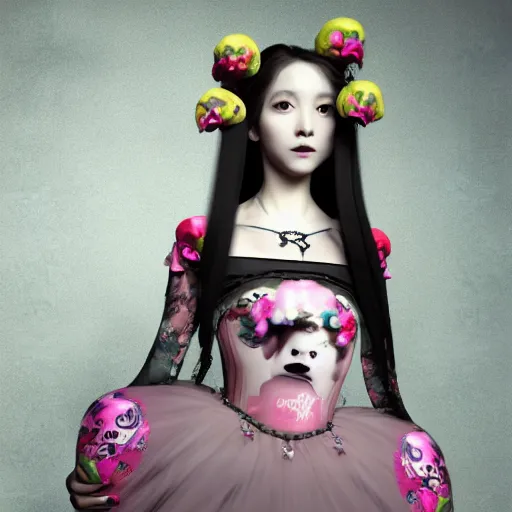 Image similar to 8 k, octane render, realism, tonalism, renaissance, rococo, baroque, cotton candy, portrait of a creepy young lady wearing long - harajuku manga - dress with flowers and skulls