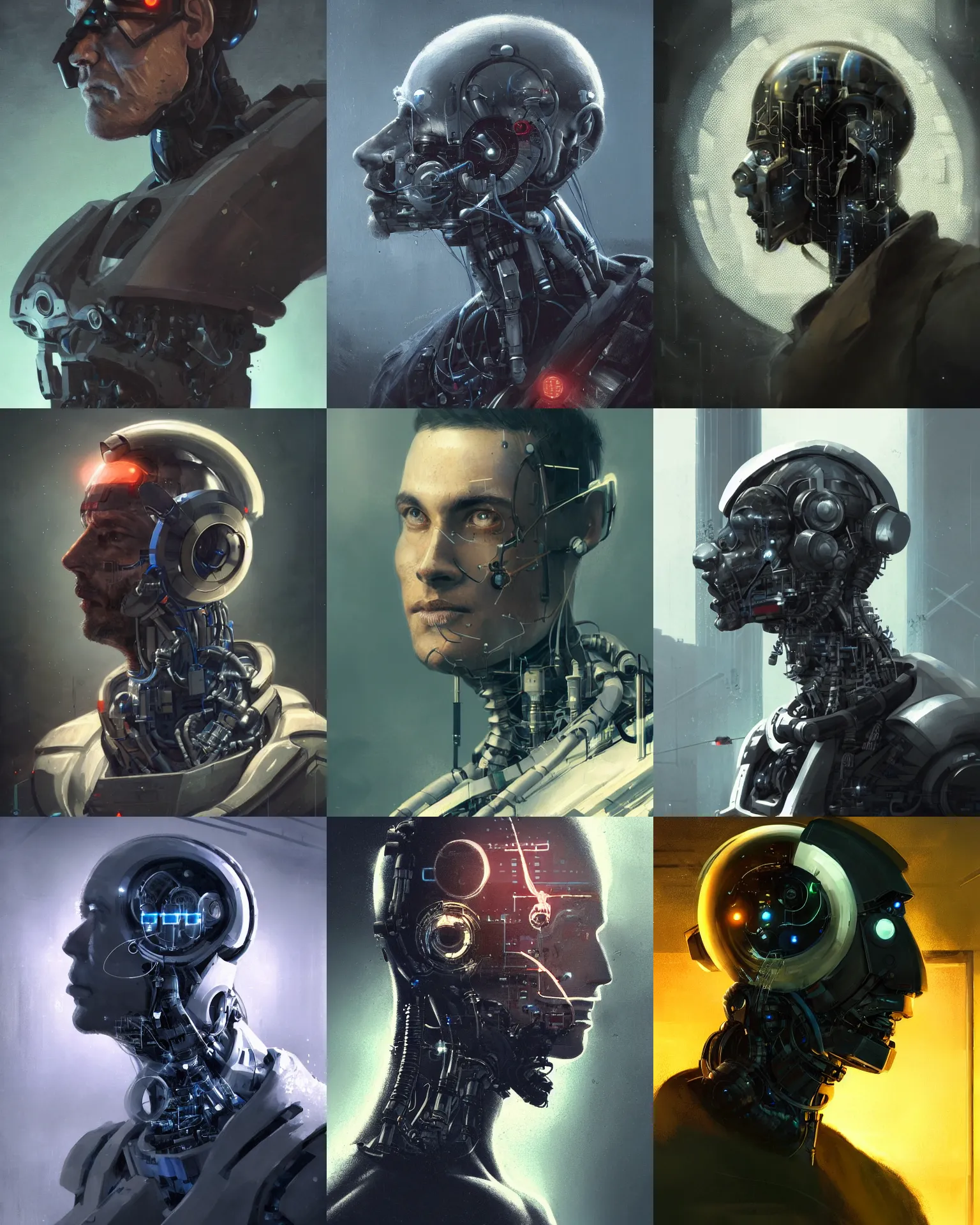 Image similar to a laboratory operator man with cybernetic enhancements seen from a distance, 1 / 4 headshot, scifi character portrait by greg rutkowski, craig mullins, daytoner, cinematic lighting, dystopian scifi gear, profile picture, mechanical, cyborg, half robot