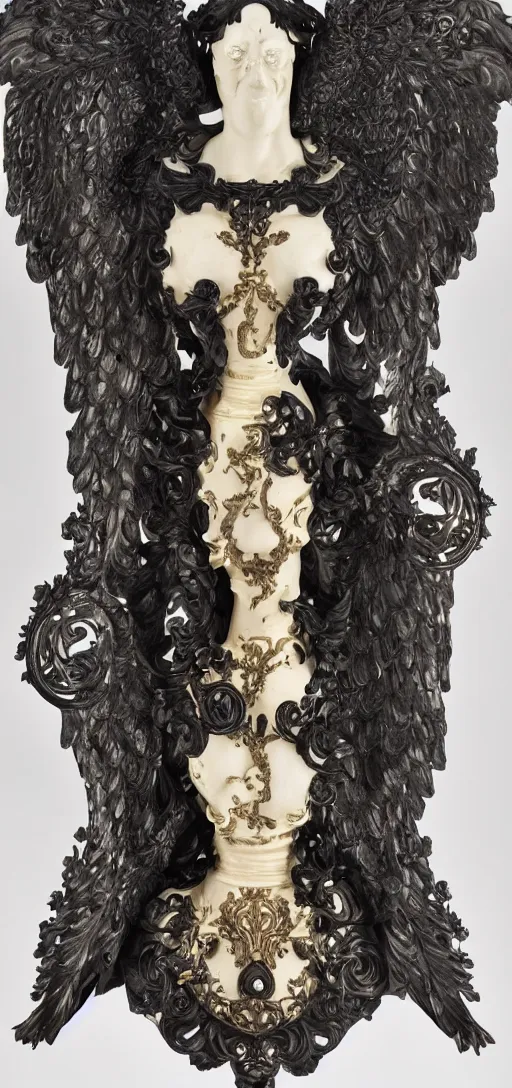 Image similar to carved black marble mechanical bust wearing hard surface armour, subtle gold accents, frontal view, ivory rococo, wings lace wear, hyper detailed, insane details, intricate