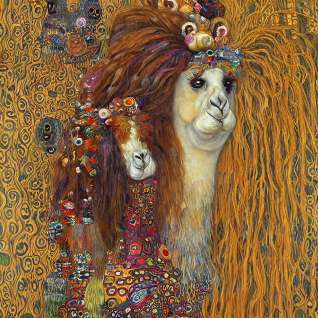 Image similar to llama with dreadlocks, in the style of gustav klimt, by mandy jurgens, ernst haeckel, james jean