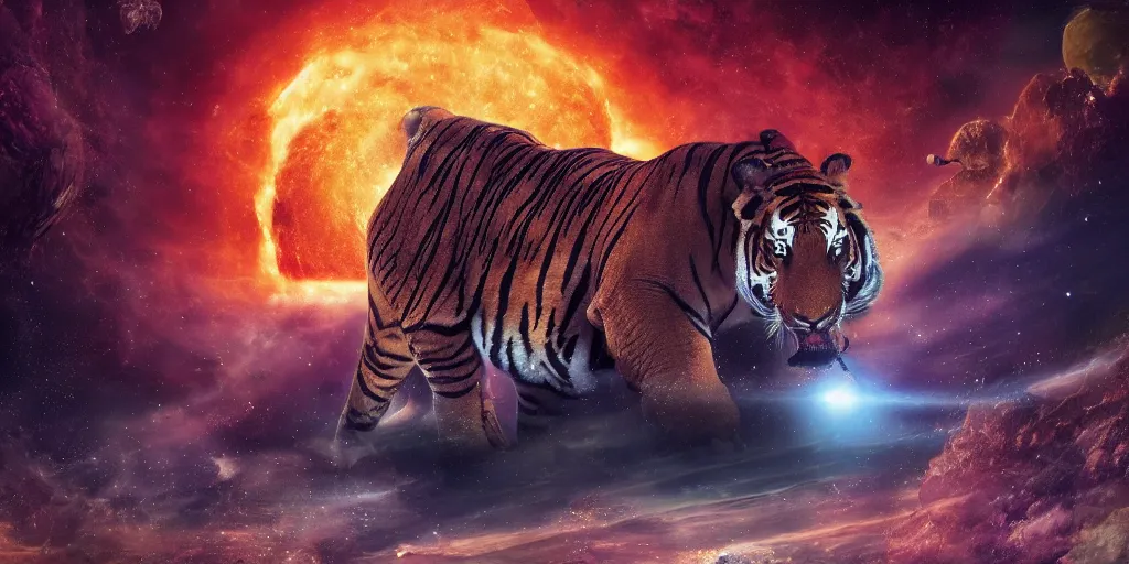 Image similar to planet - sized tiger elephant in space, next to the sun and stars, cosmic, very wide shot, epic composition, hyper detailed, digital art, trending in artstation, cinematic lighting, studio quality, unreal engine 5 rendered, art style by klimt and nixeu and ian sprigger and wlop and krenz cushart