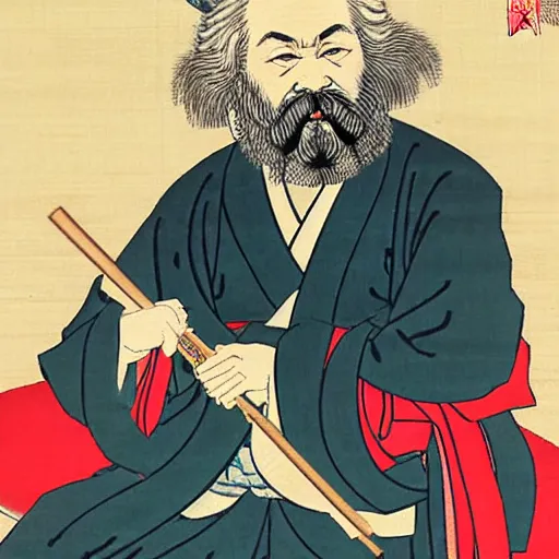 Prompt: beautiful portrait ukiyo - e painting of karl marx by kano hideyori, kano tan'yu, kaigetsudo ando, miyagawa choshun, okumura masanobu, kitagawa utamaro
