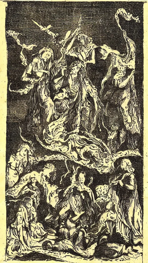 Image similar to revenants, spirits and pagan apparitions, grimoire, italian woodblock print from 1 7 5 5