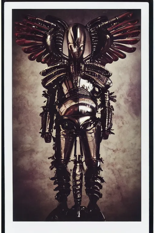 Image similar to polaroid still symmetry frame from Alien Covenant movie by Takashi Murakami, Count Orlok wearing Polish Winged Hussars armor made with porcelain dressed by Salvatore Ferragamo and by Chanel, haute couture painted by Peter Paul Rubens and by John Baeder by Jean-Michel Basquiat, editorial fashion photography, from vogue magazine