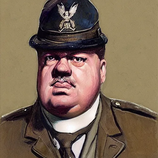 Prompt: gk chesterton as a buff mercenary in military gear. portrait by james gurney.