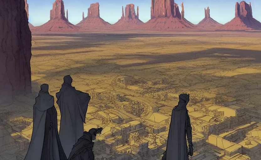 Image similar to a hyperrealist watercolor concept art of a futuristic city built in monument valley. a medieval monk in grey robes is in the foreground. golden hour. very muted colors, by rebecca guay, michael kaluta, charles vess. high detail, hq, wide shot, 4 k