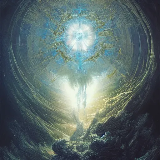 Prompt: ellen jewett, beautiful surreal palatial pulsar at dawn, creation of the world, angels, seraphim, let there be light, land, sea, planet earth, genesis, gustave dore, ferdinand knab, jeff easley