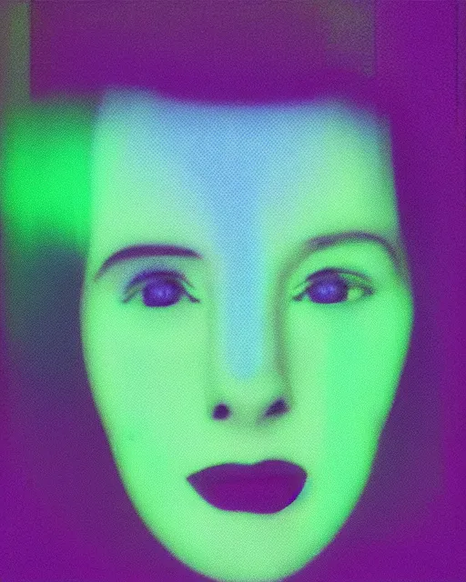 Prompt: cut and paste, featureless surprised robotic woman's face, short metallic hair, dark makeup, violet and yellow and green and blue lighting, polaroid photo, 1 9 8 0 s cgi, atmospheric, whimsical and psychedelic, grainy, expired film, super glitched, corrupted file, ghostly, bioluminescent glow, sci - fi, twisty