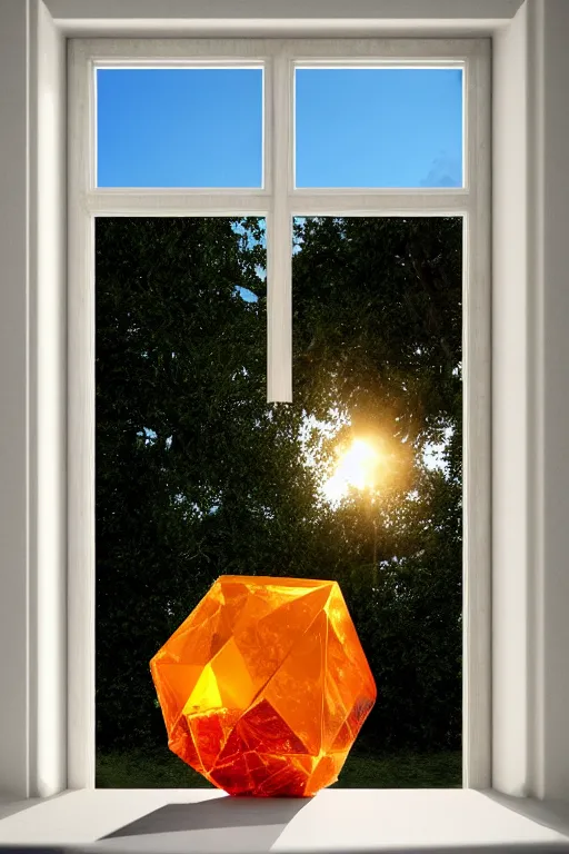 Prompt: a giant cubic orange and yellow crystal on a white table near a window at sunset, hyperrealistic, highly detailed, high qualit, 8K, godrays, warm lighting, path traced, high coherence, calm, macro photo, symmetrical, photorealistic, low contrast, serene landscape, beautiful, geometric, octane render