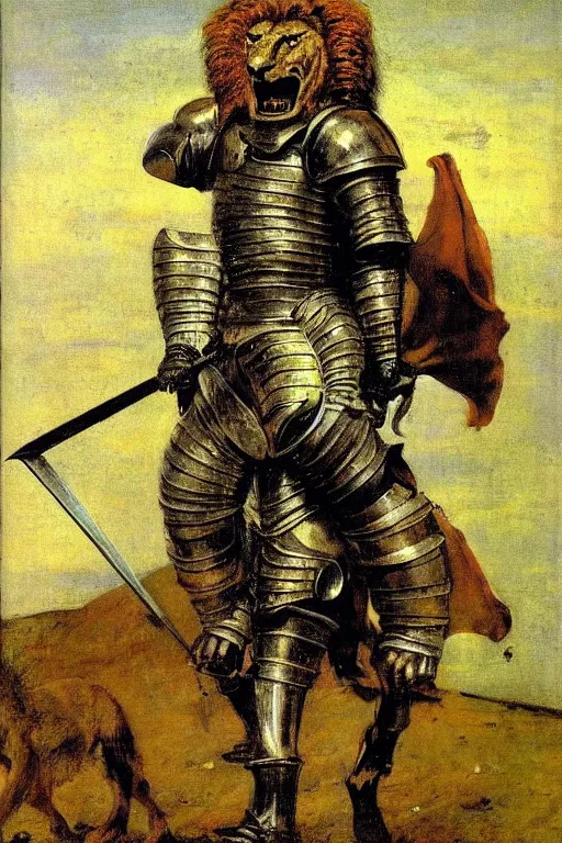 Prompt: hulking medieval knight in armor with a lion - headed cowl, bristling with weapons, menacing, bloody trails, portrait, painting by francis bacon, by ilya repin, by goya