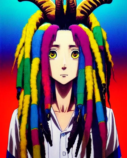 Image similar to portrait Anime 1984 Rasta Goat Goat wearing-rasta-clothes Soft fine face pretty face, realistic shaded Perfect face, fine details. Anime. background: Los-Angeles San-Francisco; hyperrealistic by Ilya Kuvshinov katsuhiro otomo ghost-in-the-shell, magali villeneuve, artgerm, rutkowski Jeremy Lipkin and Giuseppe Dangelico Pino and Michael Garmash and Rob Rey