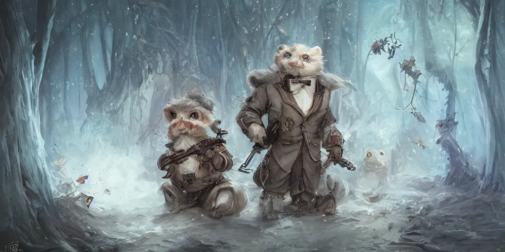 Prompt: dungeons and dragons fantasy painting, portrait of an roborovski dwarf hamster in a suit and tie with a rifle, whimsical and cute, determined expression, watery eyes, anime inspired by krenz cushart, light grey fur, tufty whiskers, bamboo forest, dawn lighting, by brian froud jessica rossier and greg rutkowski