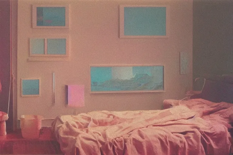 Prompt: IKEA catalogue photo, vaporwave teenage bedroom by Beksiński