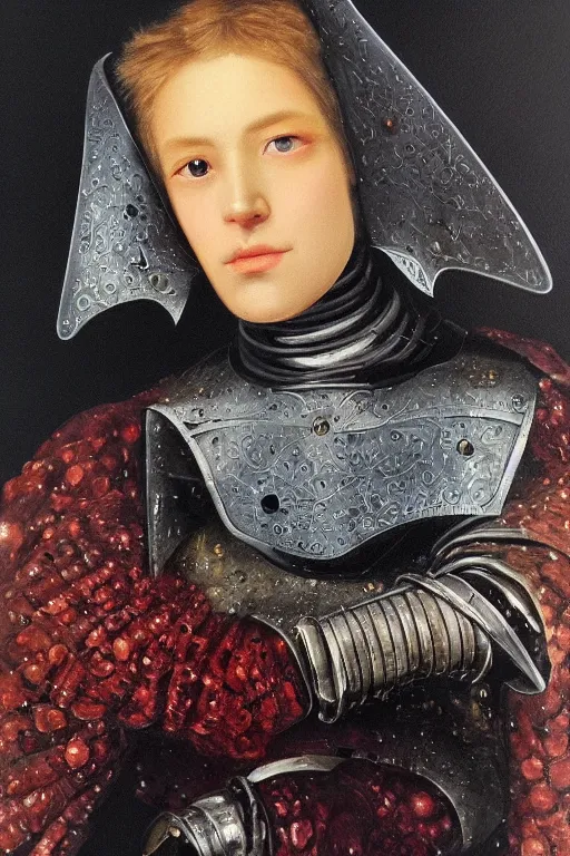 Image similar to hyperrealism oil painting, close - up portrait of caucasian medieval fashion model, knight, steel gradient mixed with nebula sky, in style of baroque mixed with 7 0 s japan book art