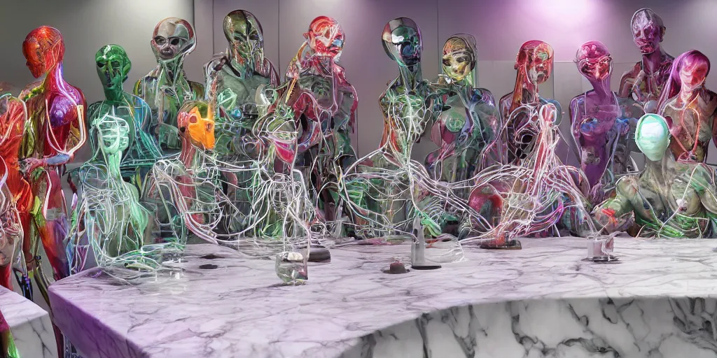 Image similar to !13 diverse aliens on !one_side of a !marble table, eating luxurios food !!posing_as_last_supper cinematic lighting, their clothes are high tech suits, intricate cables adorne their bodies and heads, neon, detailed implants, satin, crystal, liquid, surreal, floating, !!highly detalied, 8k, artstation, by Rolf Armstrong