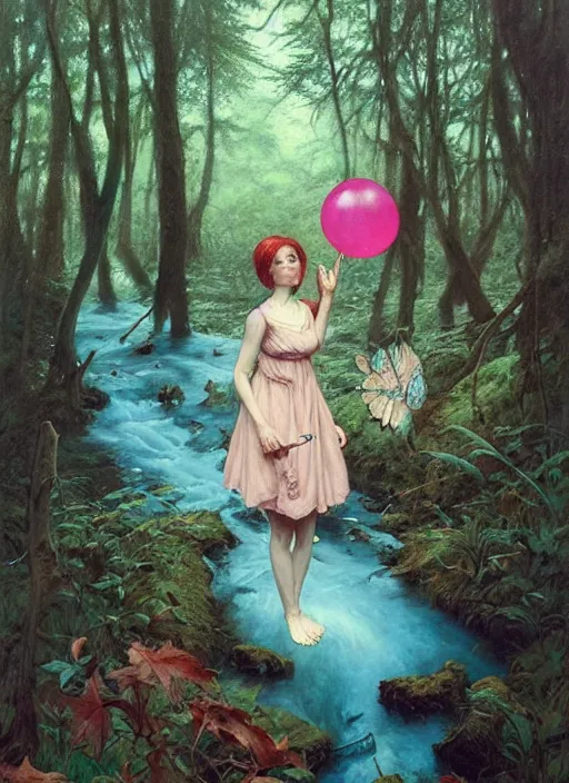 Prompt: bubblegum in the woods by a stream, river gorgeous lighting, lush forest foliage blue sky a hyper realistic painting by chiara bautista and beksinski and norman rockwell and greg rutkowski, tom bagshaw weta studio, and lucasfilm