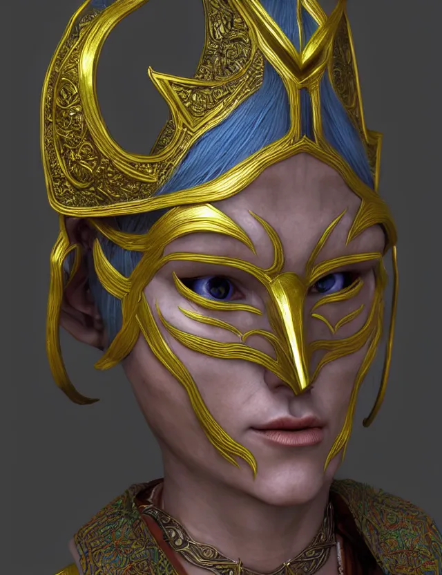 Prompt: elven masked deity. this 3 d render by an indie artist has an interesting color scheme, plenty of details and impeccable lighting.