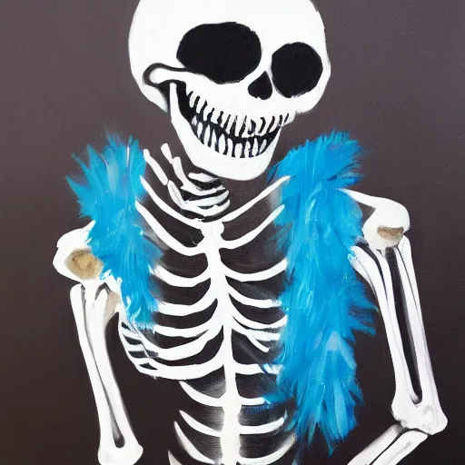 Image similar to smiling skeleton with puffy blue jacket and black shorts, painting